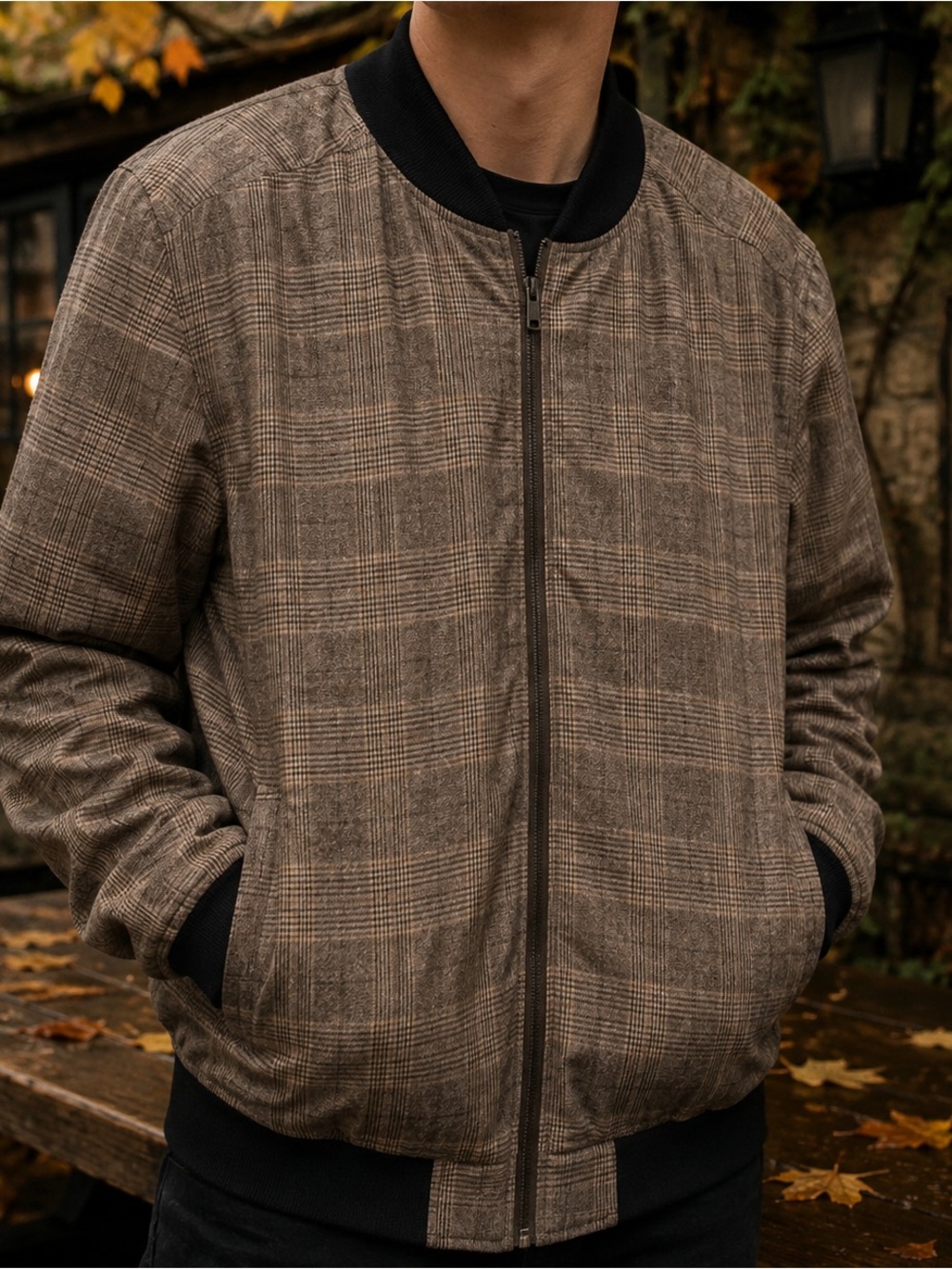 Native Youth Men’s Medium Brown Houndstooth Plaid Bomber Jacket Full Zip